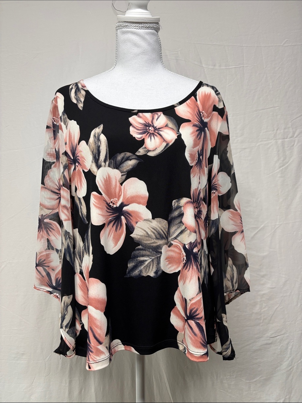 Floral Top with chiffon sleeves Black with Blush Pink Flowers
